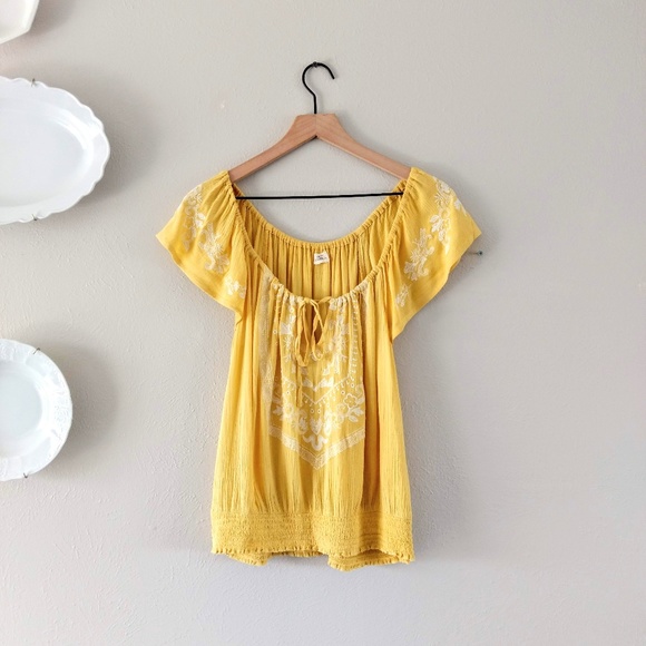 O'Neill Tops - O'Neill Yellow Boho Embroidery Peasant Blouse